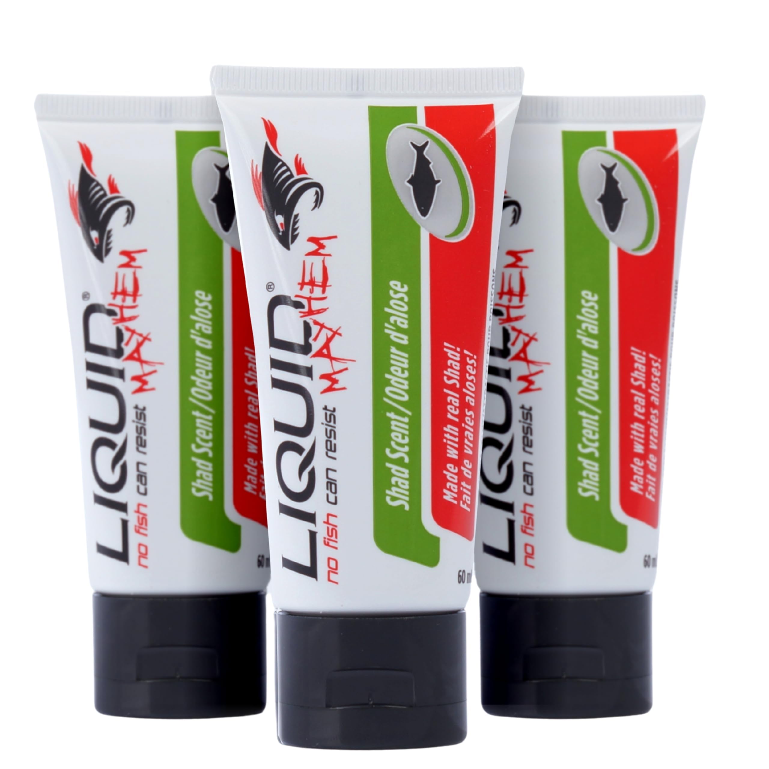 Liquid Mayhem shad fish attractant gel tube front shows real shad scent and long-lasting aroma.