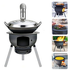 Litaitai wood stove with chimney pipes for reliable outdoor heating and cooking.
