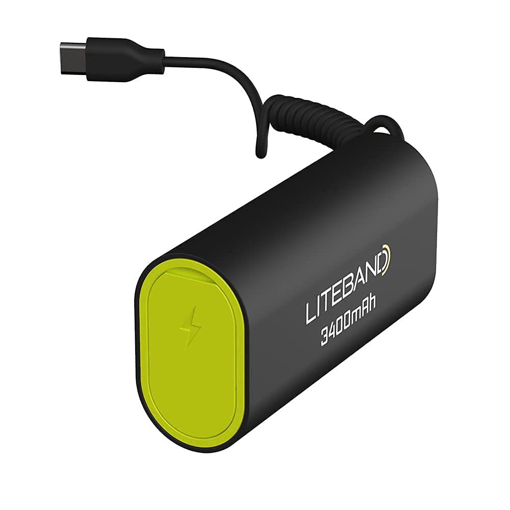 Liteband yellow 3400mAh backup battery extends headlamp run time for nighttime runs