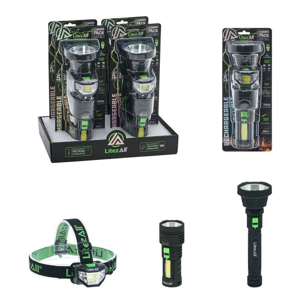 LitezAll rechargeable flashlight and headlamp combo, ideal for outdoor tasks and emergencies.