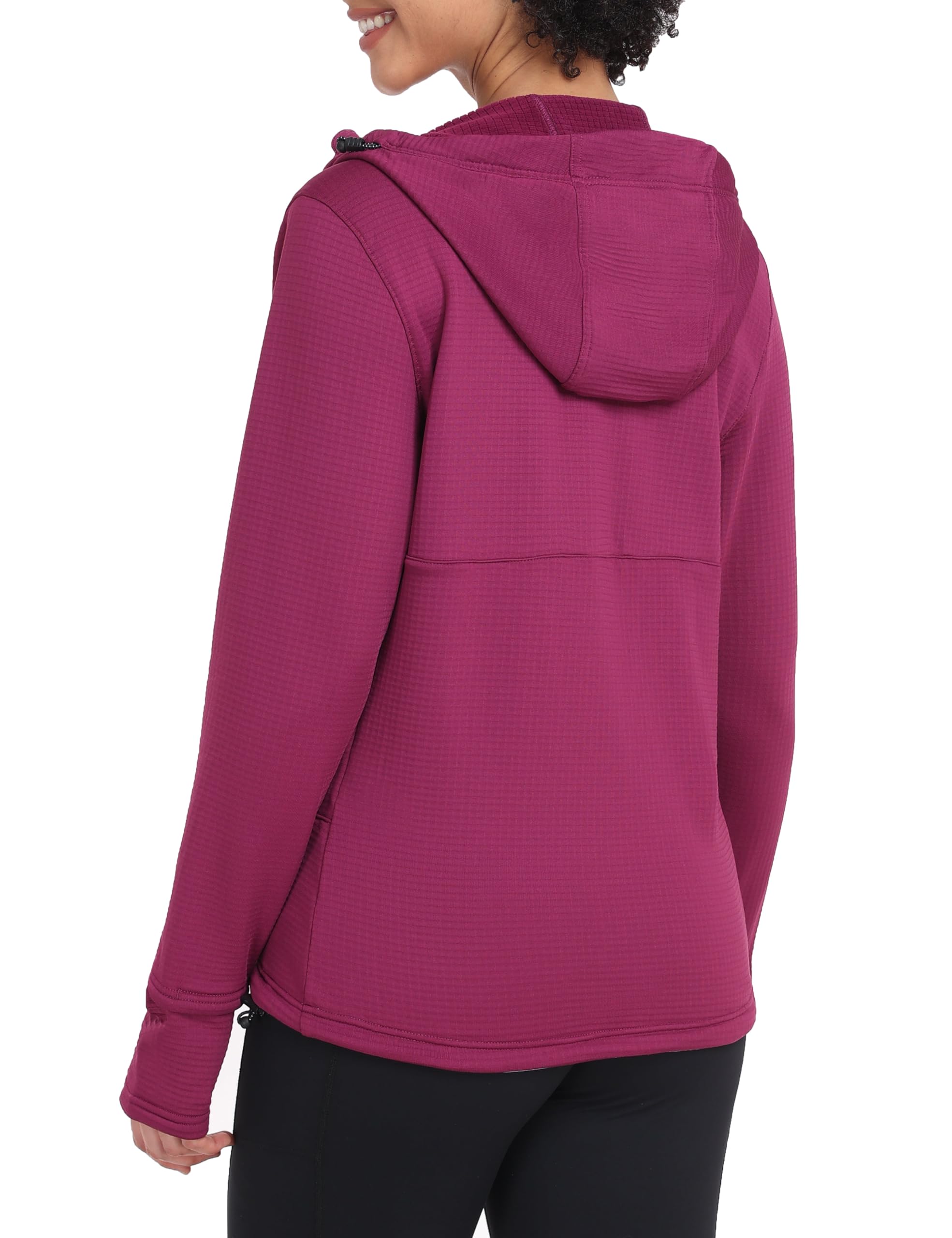 Little Donkey Andy Boysenberry fleece jacket hooded view with adjustable drawcord for wind protection