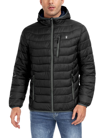Little Donkey Andy men's packable puffer hooded front view in black for wind protection.