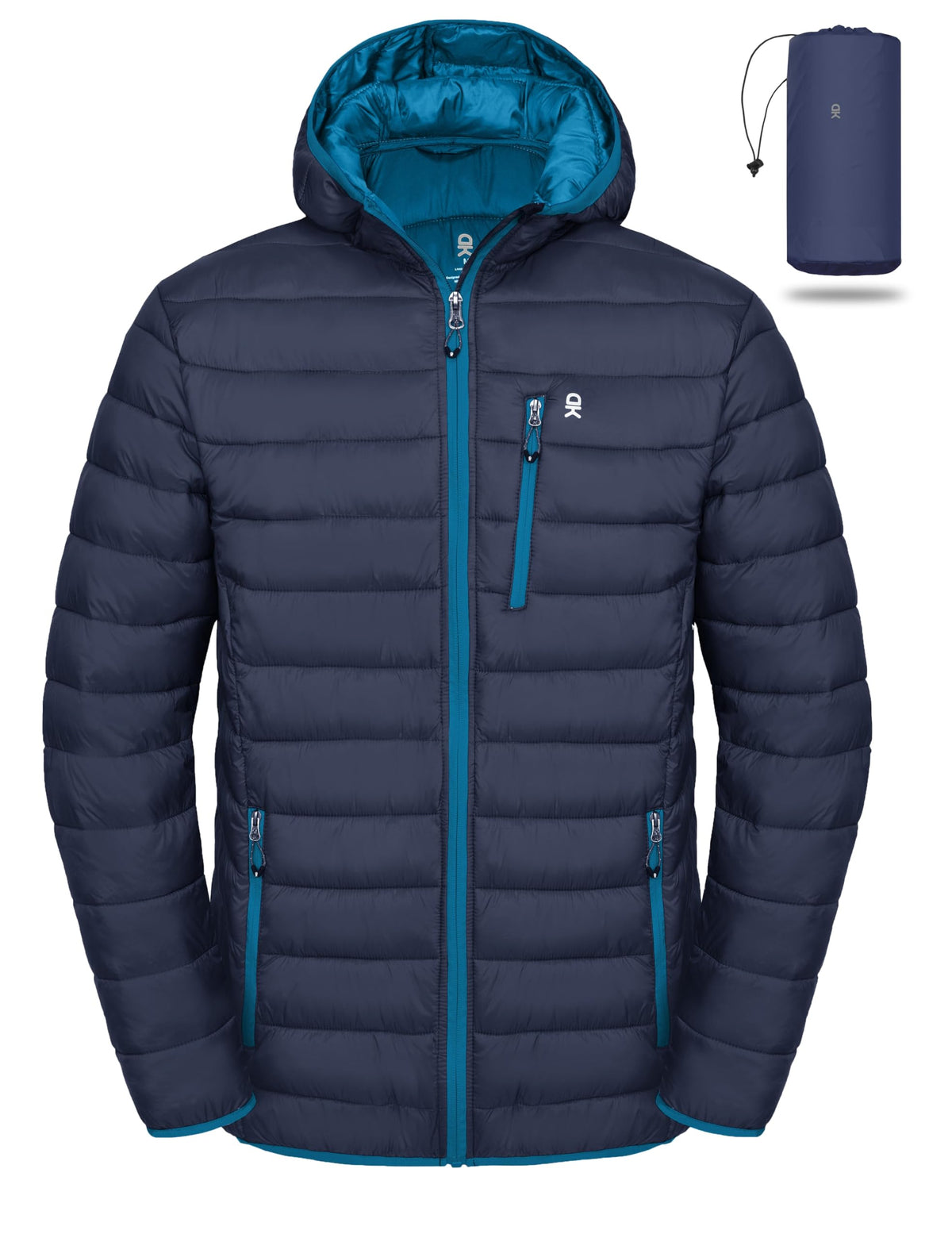 Little Donkey Andy men's packable puffer jacket front view showing deep blue warmth and compact carry