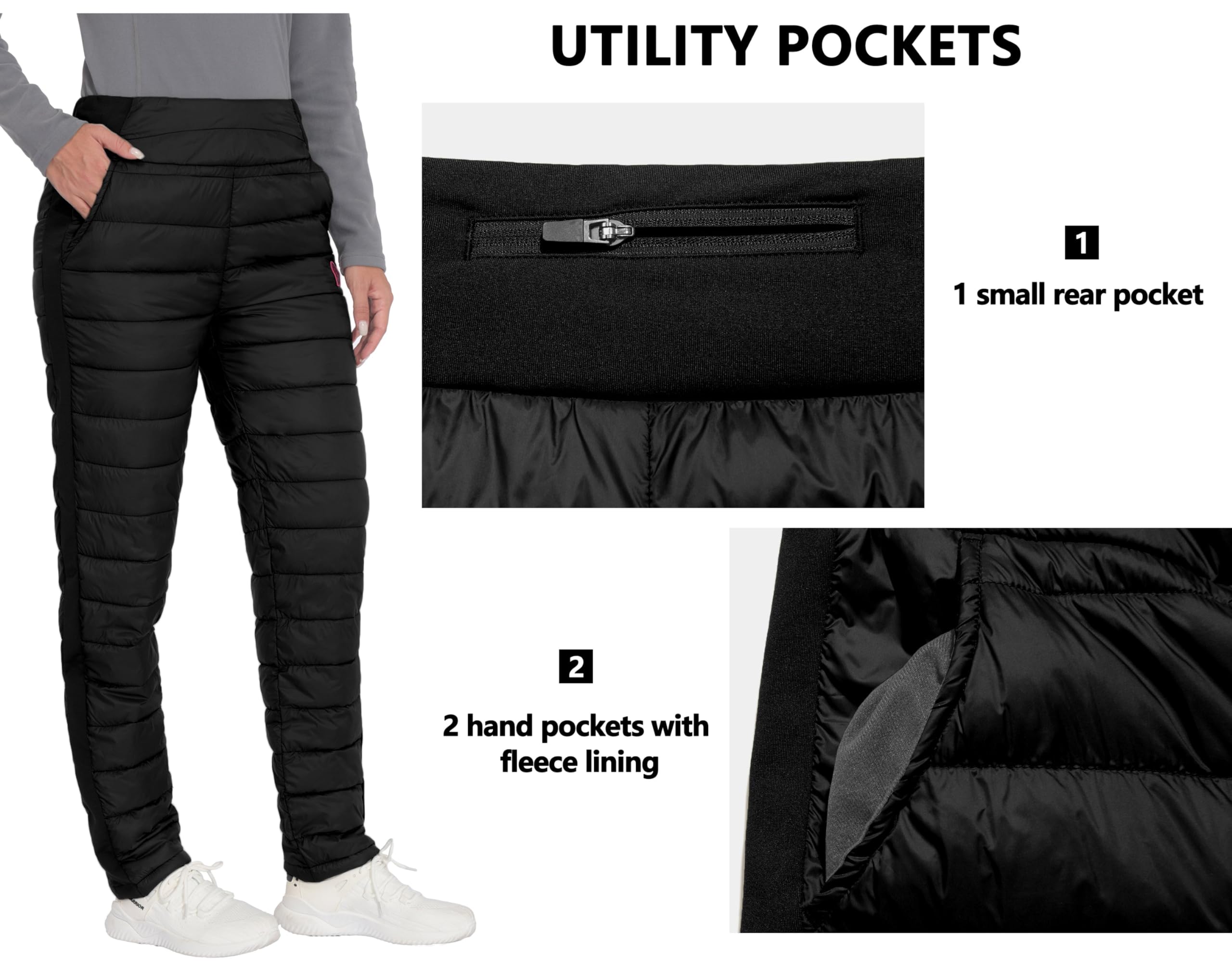 Little Donkey Andy puffer pants side view highlights sleek silhouette and mobility.