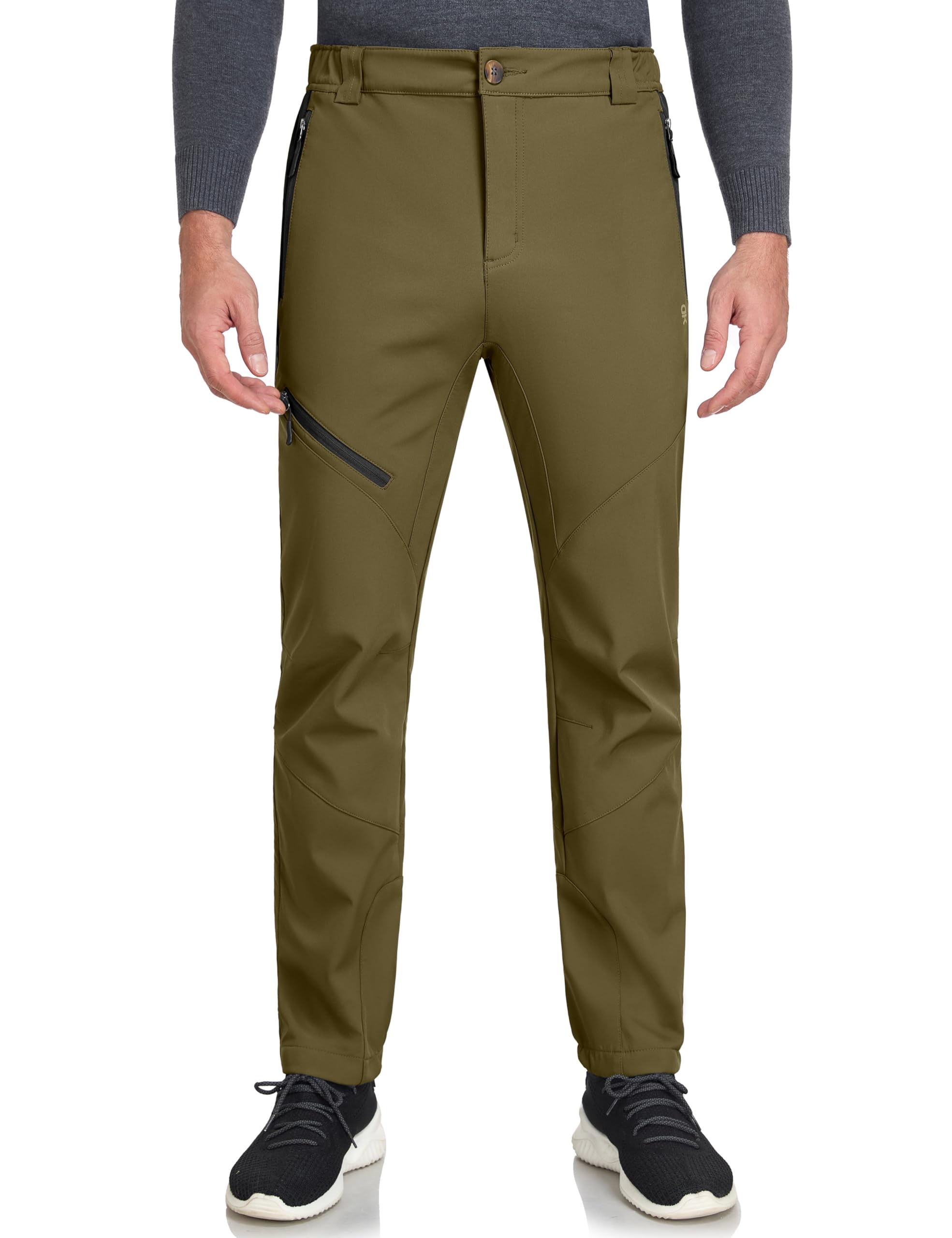 Little Donkey Andy softshell insulated pants olive side view highlighting wind protection