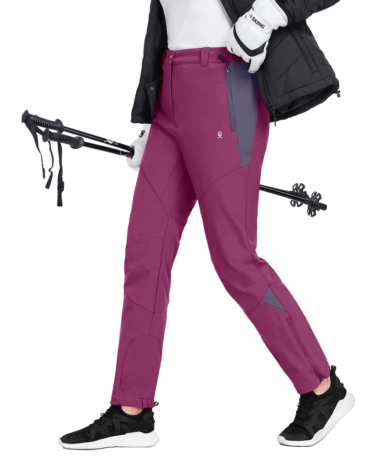 Little Donkey Andy fleece-lined softshell pants front view showing warm lining for cold-weather hiking.