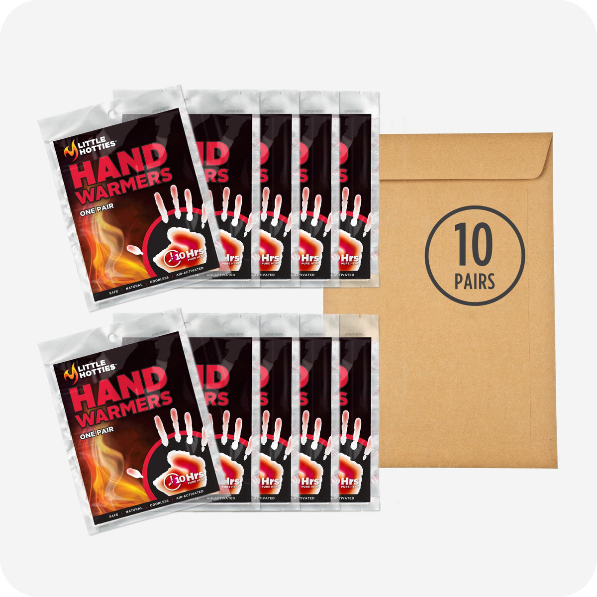 Little Hotties 10ct hand warmers pack provides quick warmth for outdoor activities.