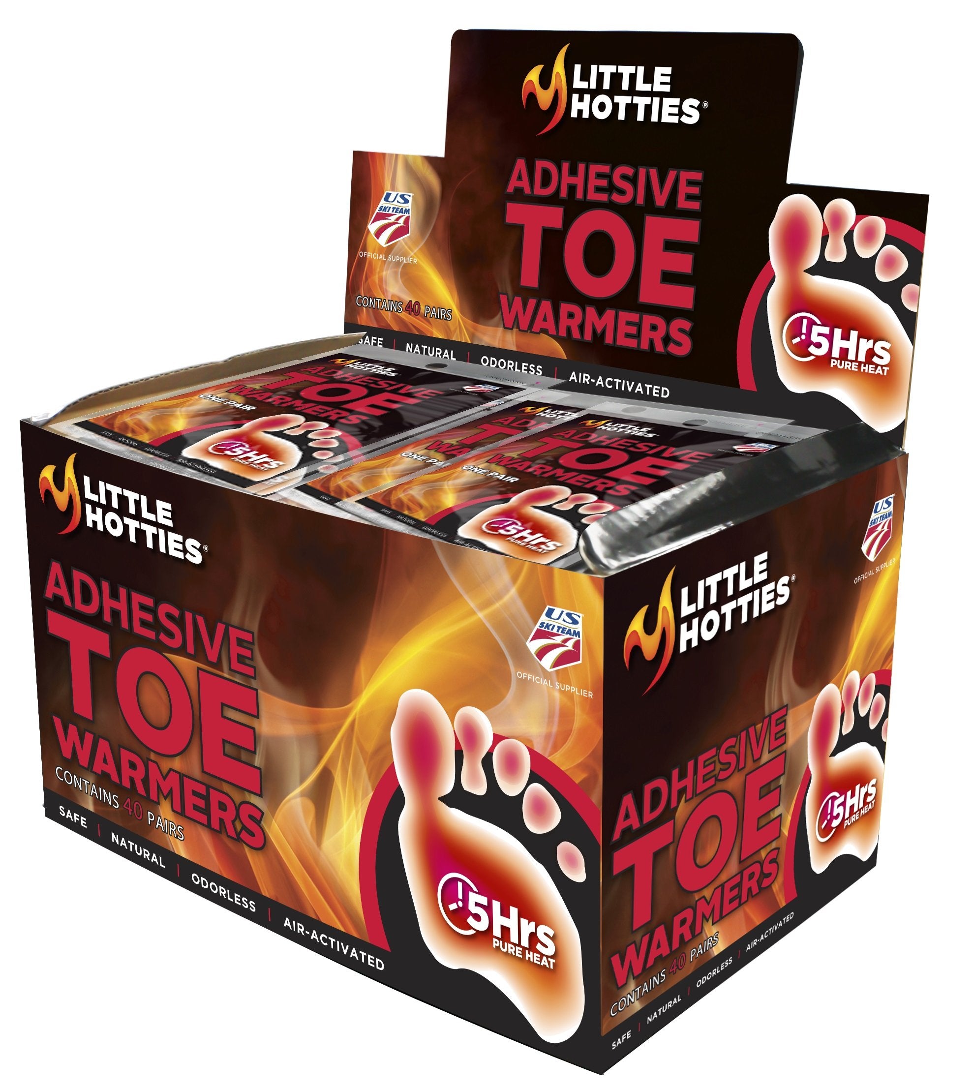 Little Hotties toe-warmer box shows adhesive warmers for outdoor activities.