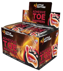 Little Hotties toe-warmer box shows adhesive warmers for outdoor activities.