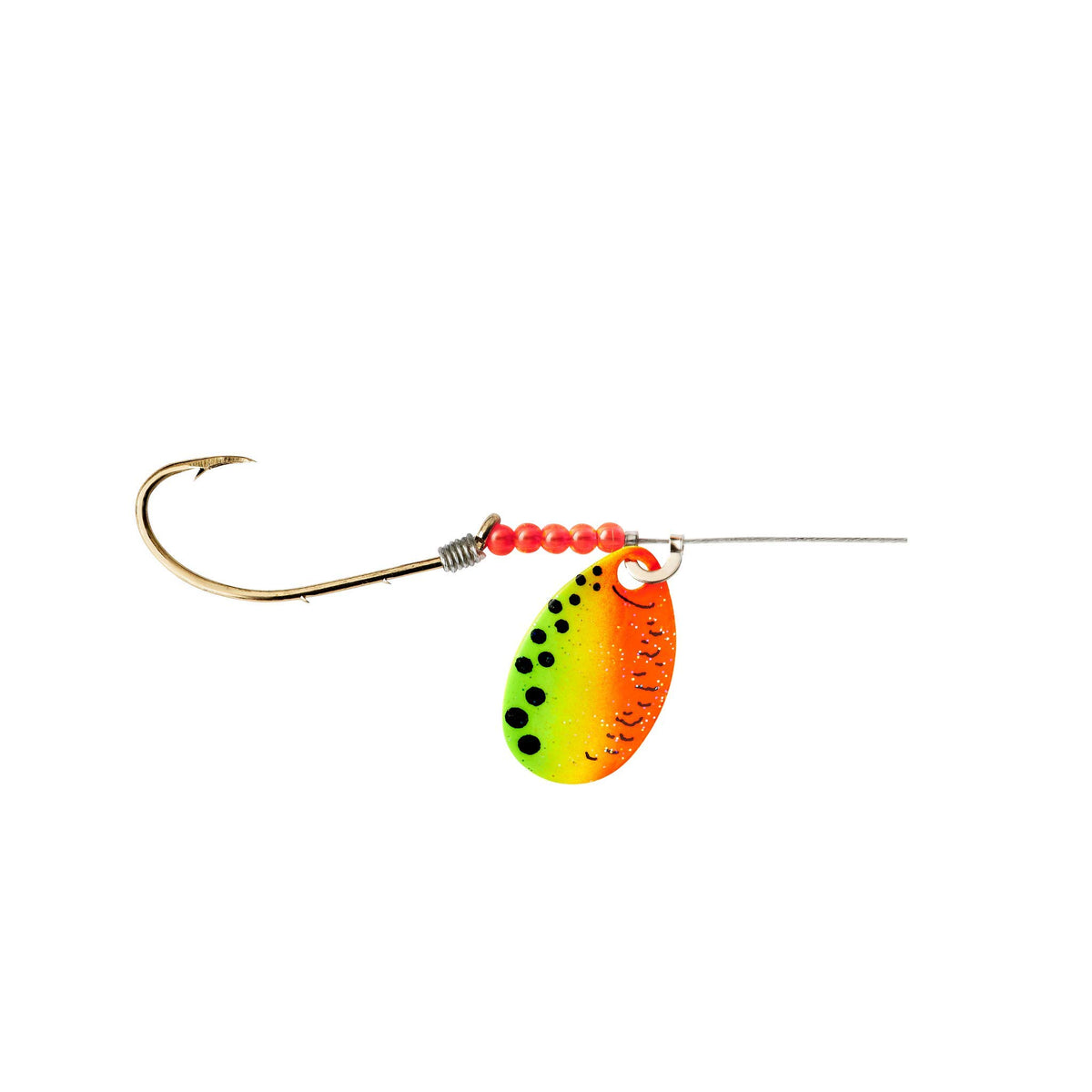 Little Joe Heart-of-Steel Spinner Fire Tiger blade closeup attracting larger pike.
