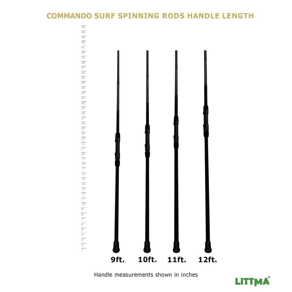 LITTMA Commando surf rod shrink-grip handle offers firm wet-weather grip.