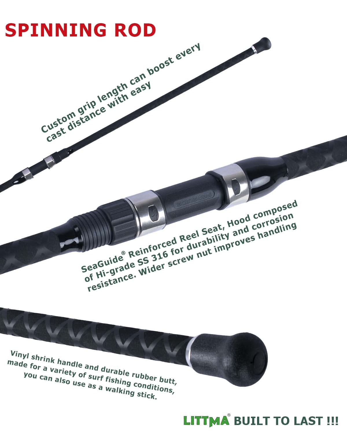 LITTMA surf rod xtg guides ensure smooth line flow and corrosion resistance.