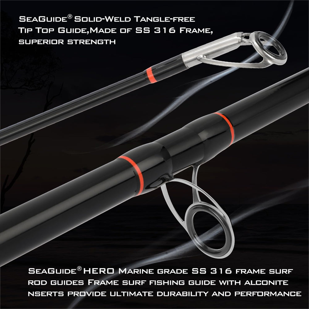 Close-up of SEAGUIDE ALTAS SS304 frame TG guides with Alconite inserts on LITTMA surf rod
