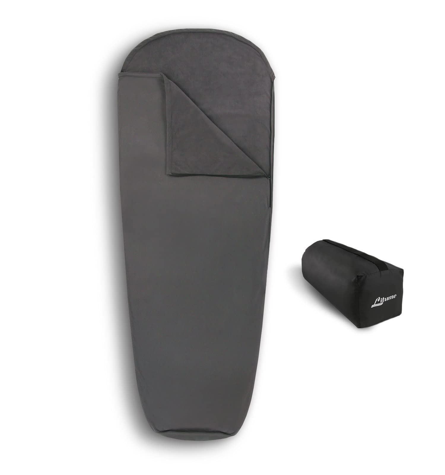 Litume all-season sleeping bag liner with drawstring hood adds warmth for cool nights.