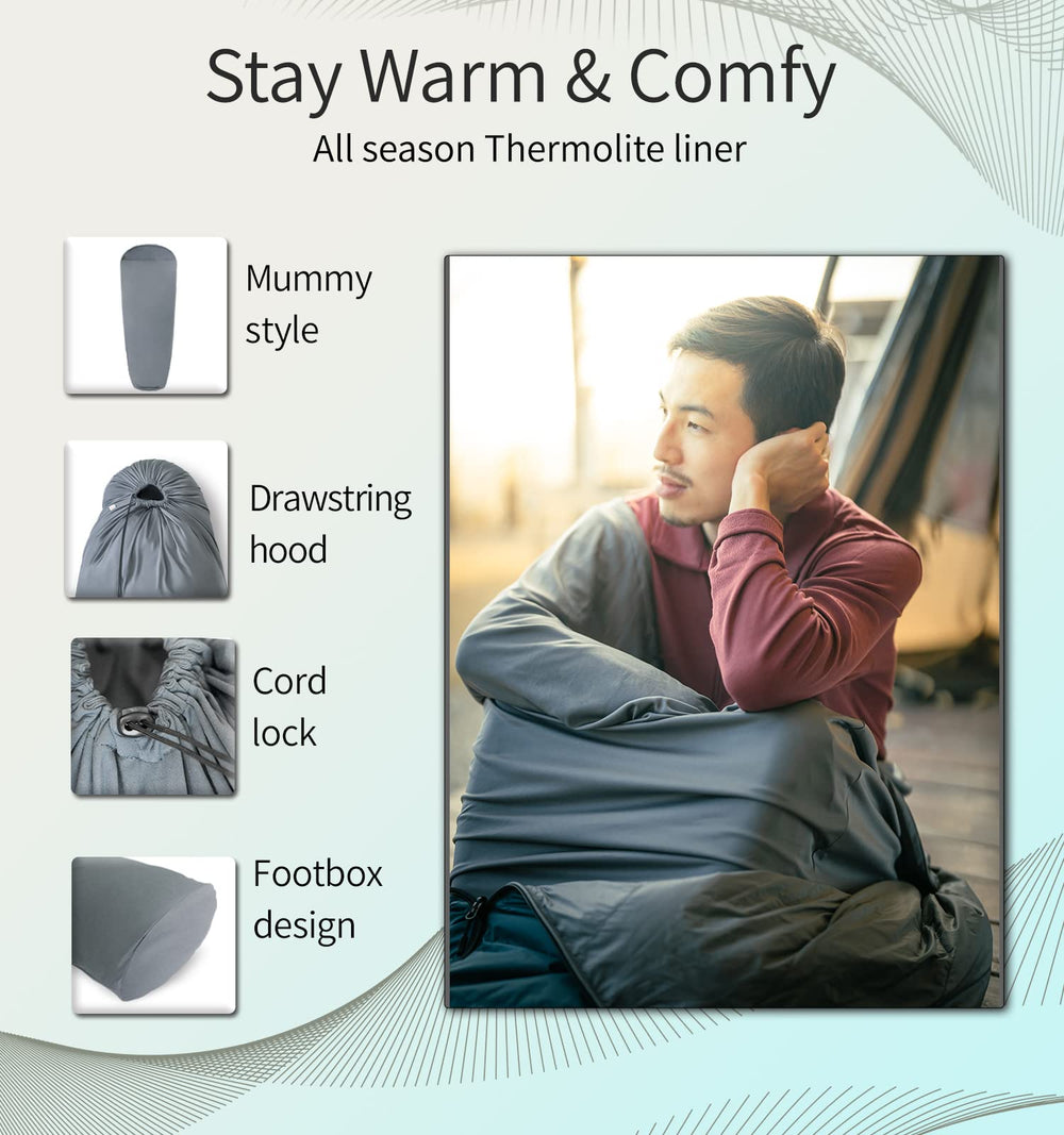 Litume Thermolite liner compact travel setup demonstrates lightweight warmth for backpacking.