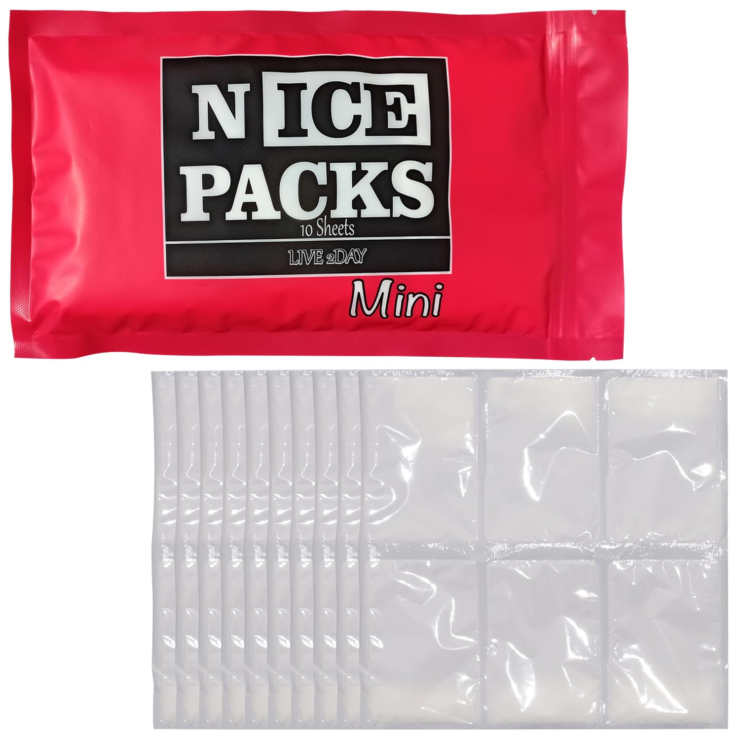 LIVE 2DAY Nice Packs packaging shows ten mini sheets for versatile, long-lasting cooling.