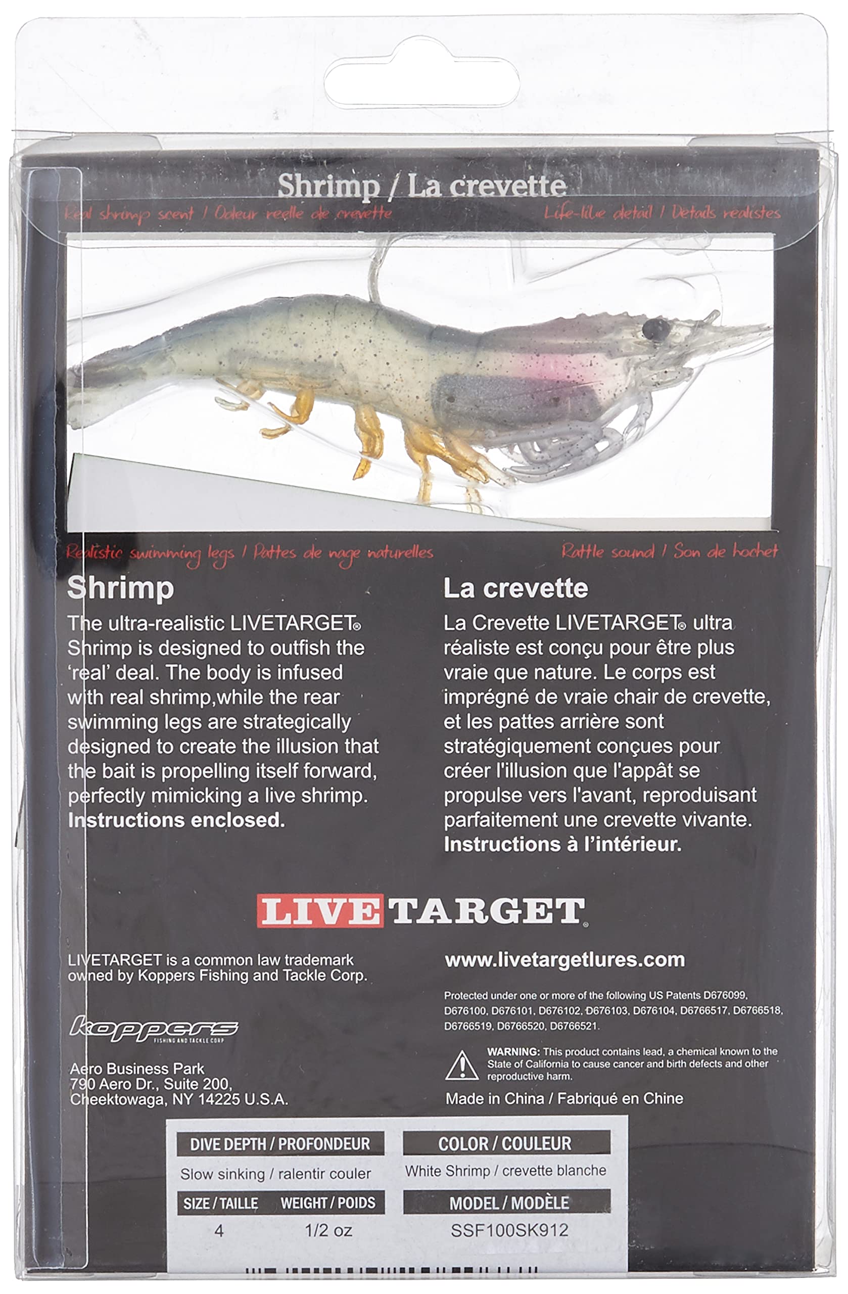 LIVE TARGET Rigged Shrimp 4ft white side view highlights easy rigging with a single pre-rigged hook