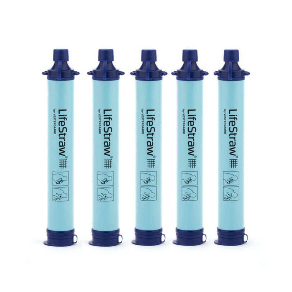 LifeStraw personal water filter blue in hand filtering drinkable water on the go.