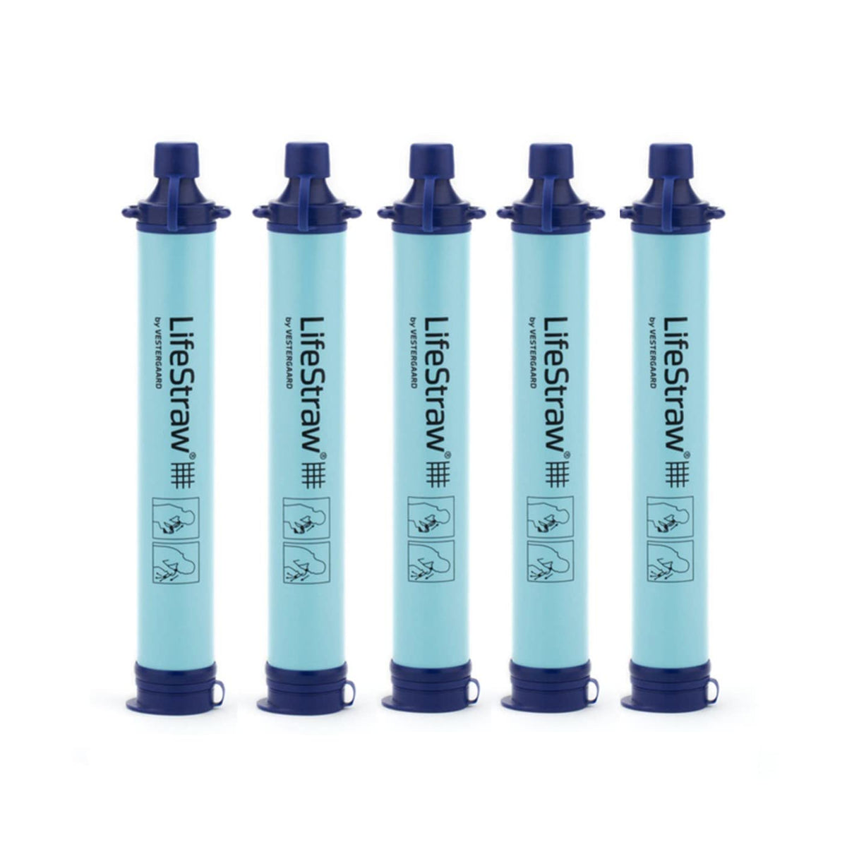 LifeStraw personal water filter blue in hand filtering drinkable water on the go.