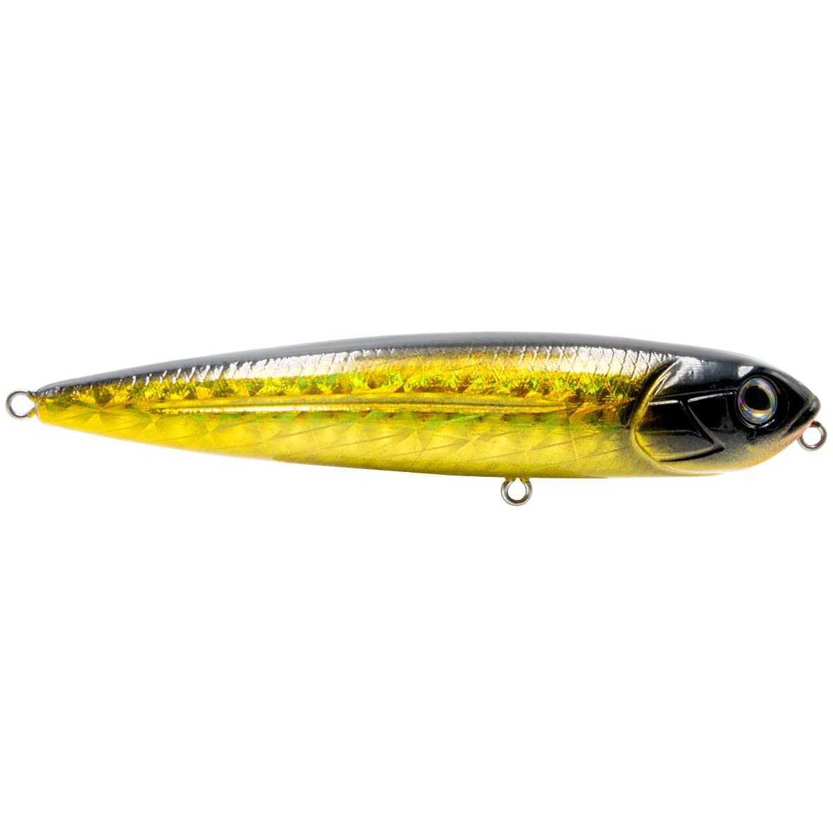 Livingston Lures Walking Boss Jr. 4in SW Gold Metallic Scale Black attracts inshore species like redfish, trout, snook.