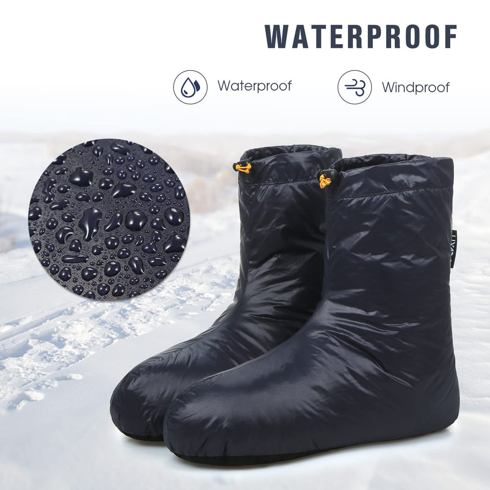 Lixada Down Booties with soft interior ideal for camping dorms and cabins.