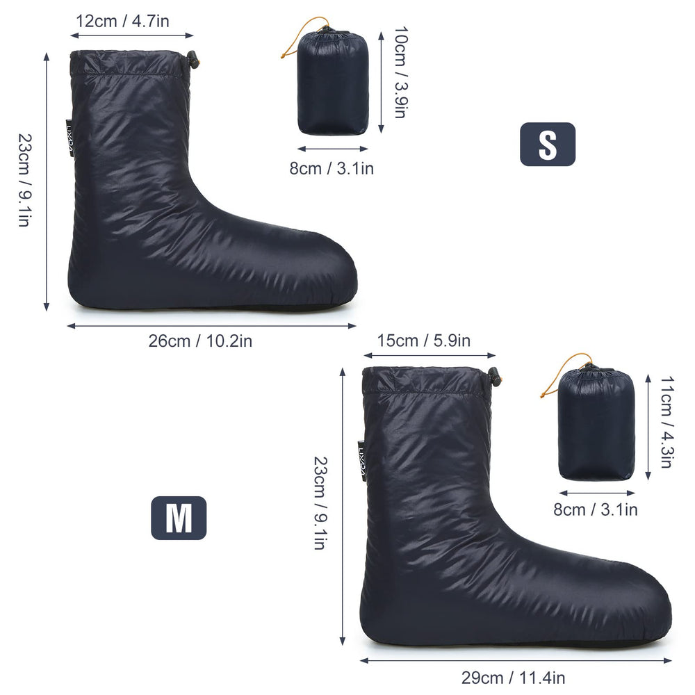 Lixada Down Booties at a tent entrance offering warmth during sleeping bag use.