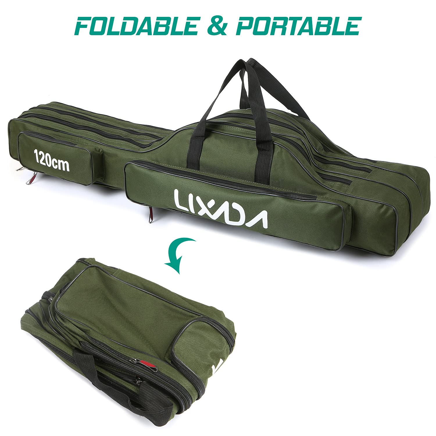 Lixada fishing rod case 120cm side pocket-open reveals organized compartments for gear.
