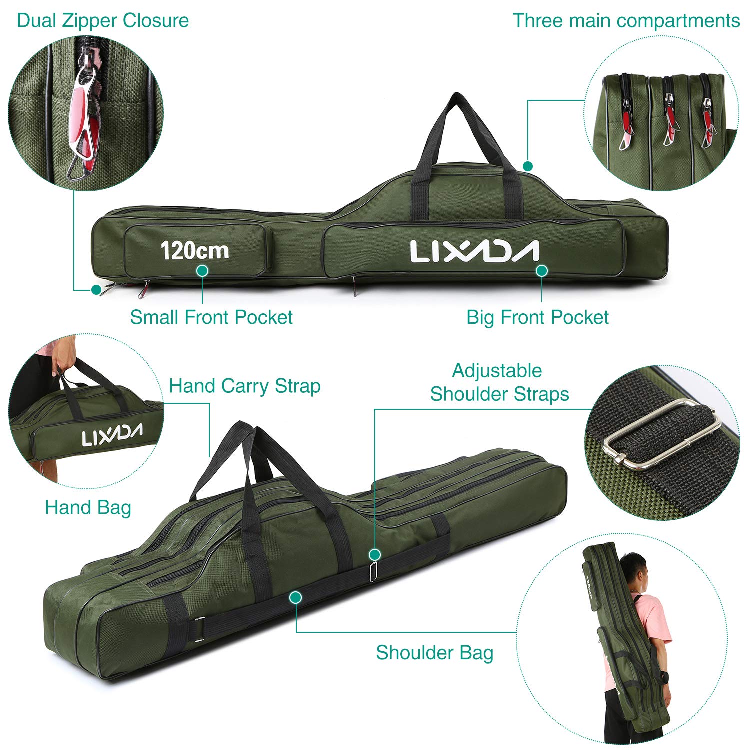 Lixada fishing rod case 150cm fully-extended highlights three-compartment capacity.