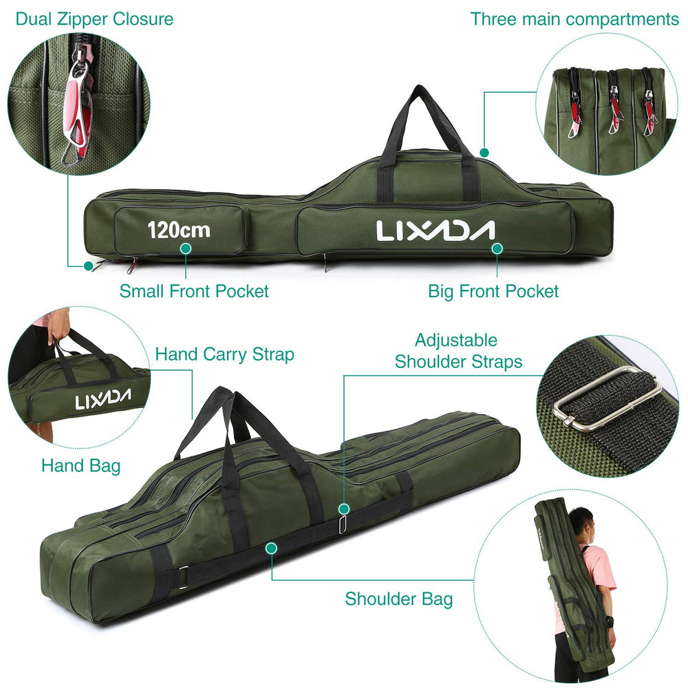 Lixada fishing rod case 150cm fully-extended highlights three-compartment capacity.