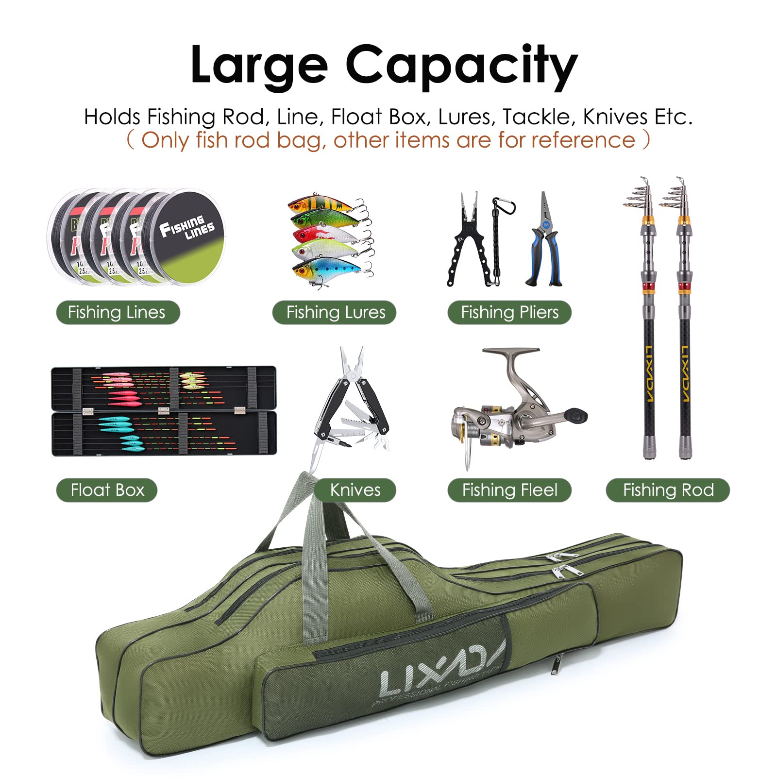 Lixada fishing rod case carrying handle and adjustable strap for portability.