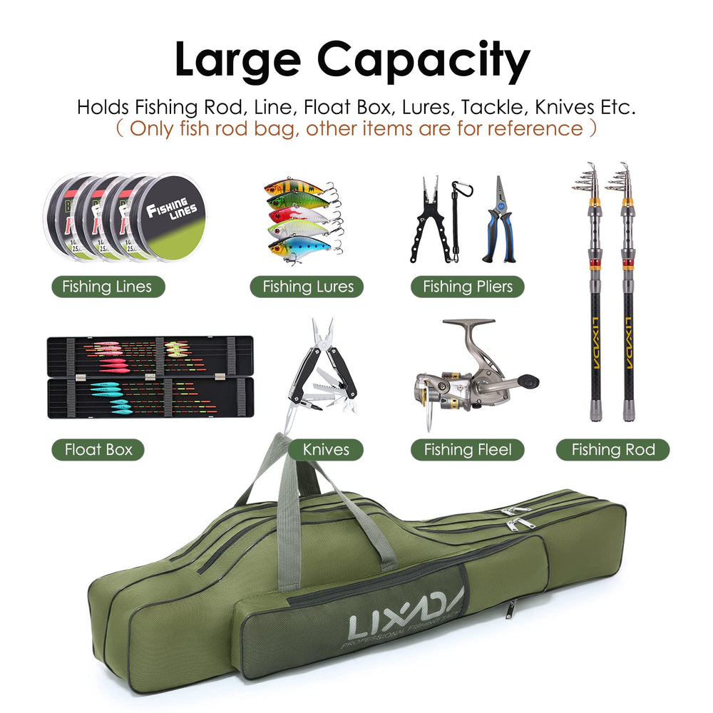 Lixada fishing rod case carrying handle and adjustable strap for portability.