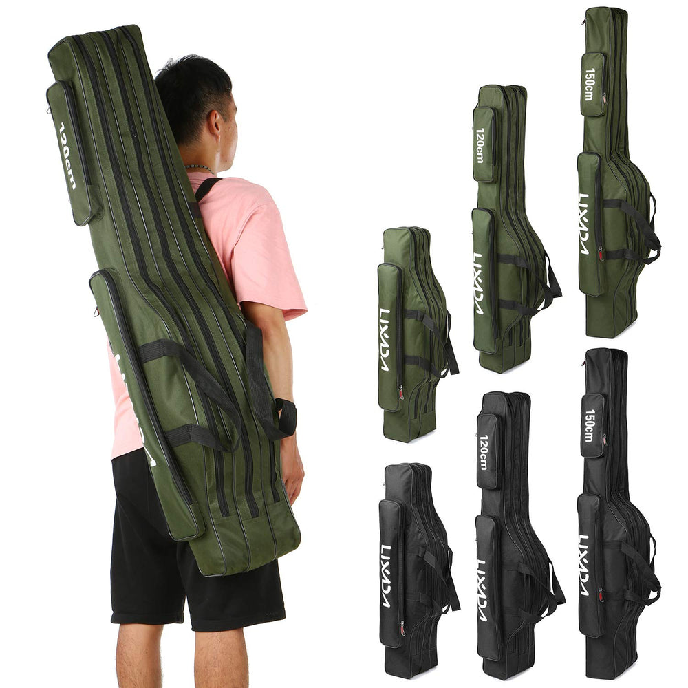 Lixada fishing rod case collapsible folded demonstrates easy portability.