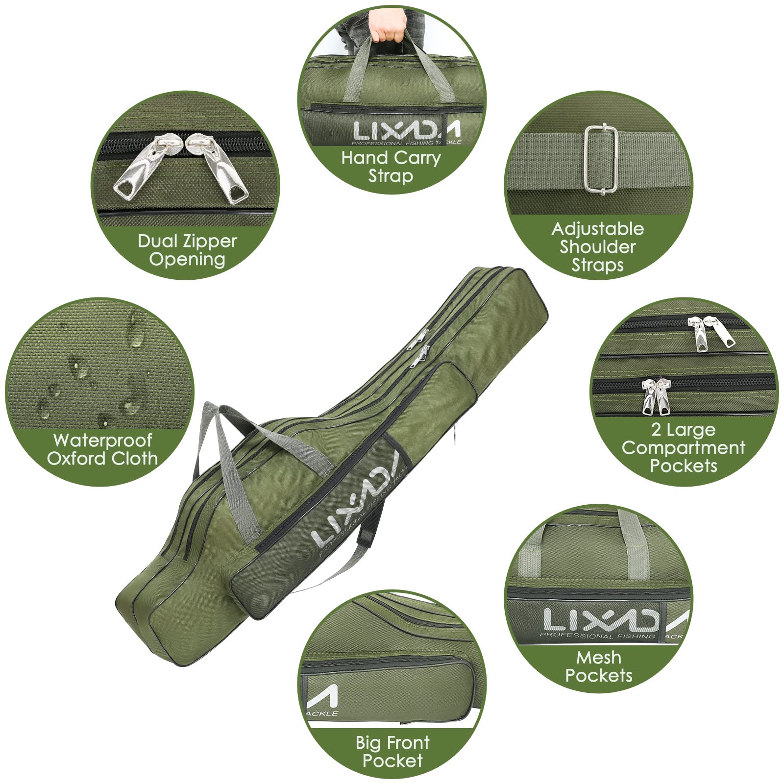 Lixada fishing rod case dual zippers enable quick gear access.