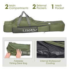 Lixada fishing rod case exterior pockets organize lures and tools.