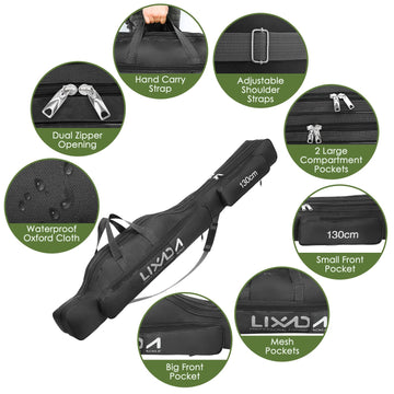 Lixada Fishing Rod Case front pocket for lure organization during trips.