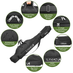 Lixada Fishing Rod Case front pocket for lure organization during trips.