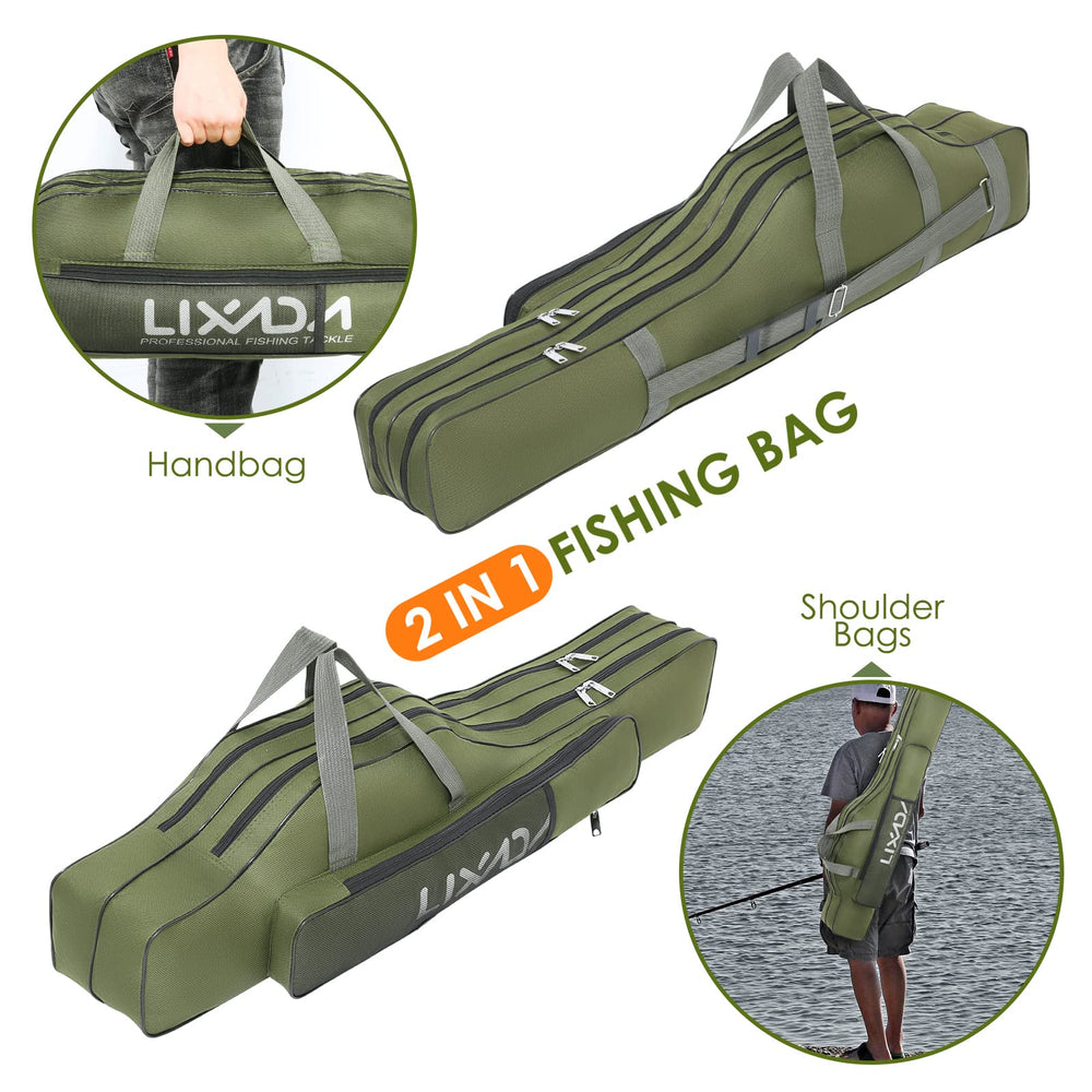 Lixada fishing rod case mesh pocket stores gloves and small items.