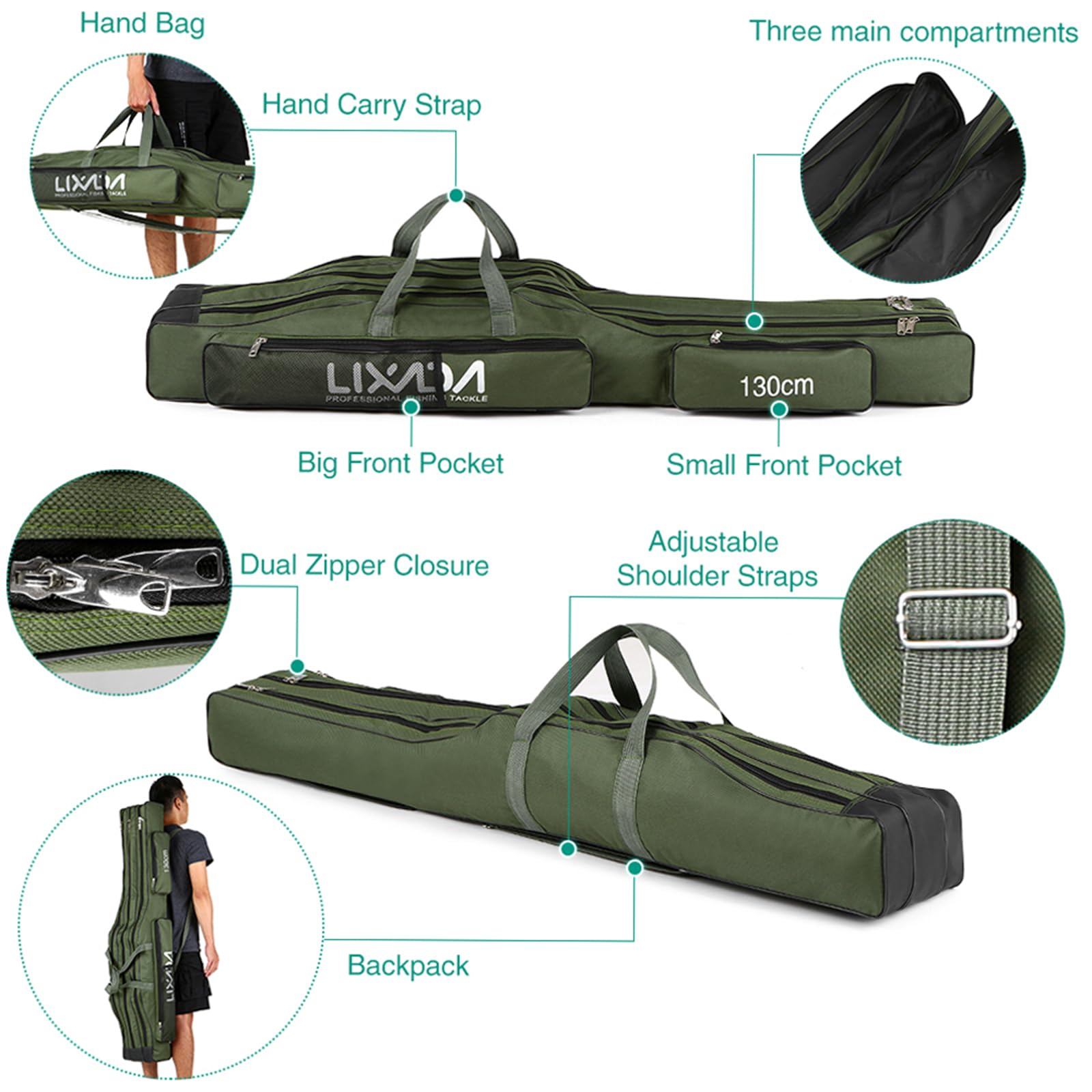 Lixada adjustable shoulder strap enables comfortable carrying during fishing trips.