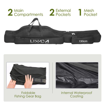 Lixada Fishing Rod Case with two main compartments for organized gear.