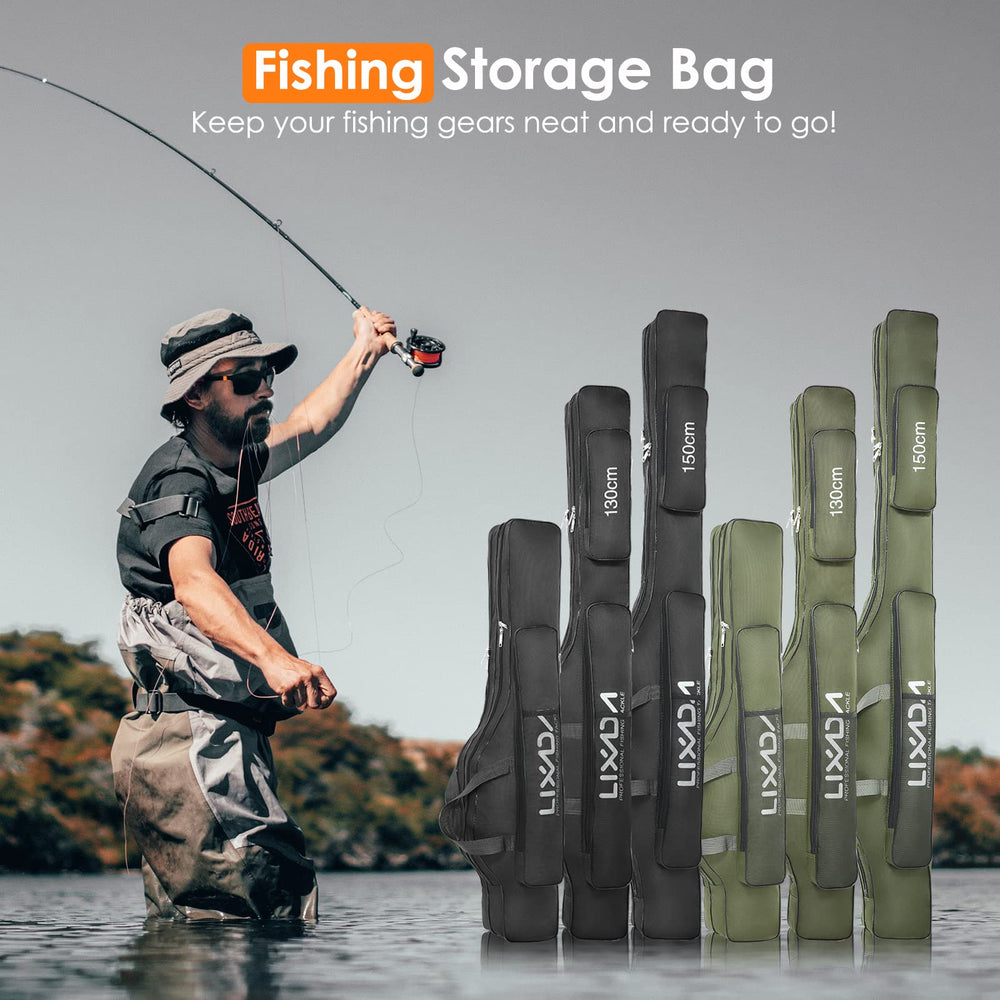 Lixada fishing rod case water-repellent fabric guards gear in rain.