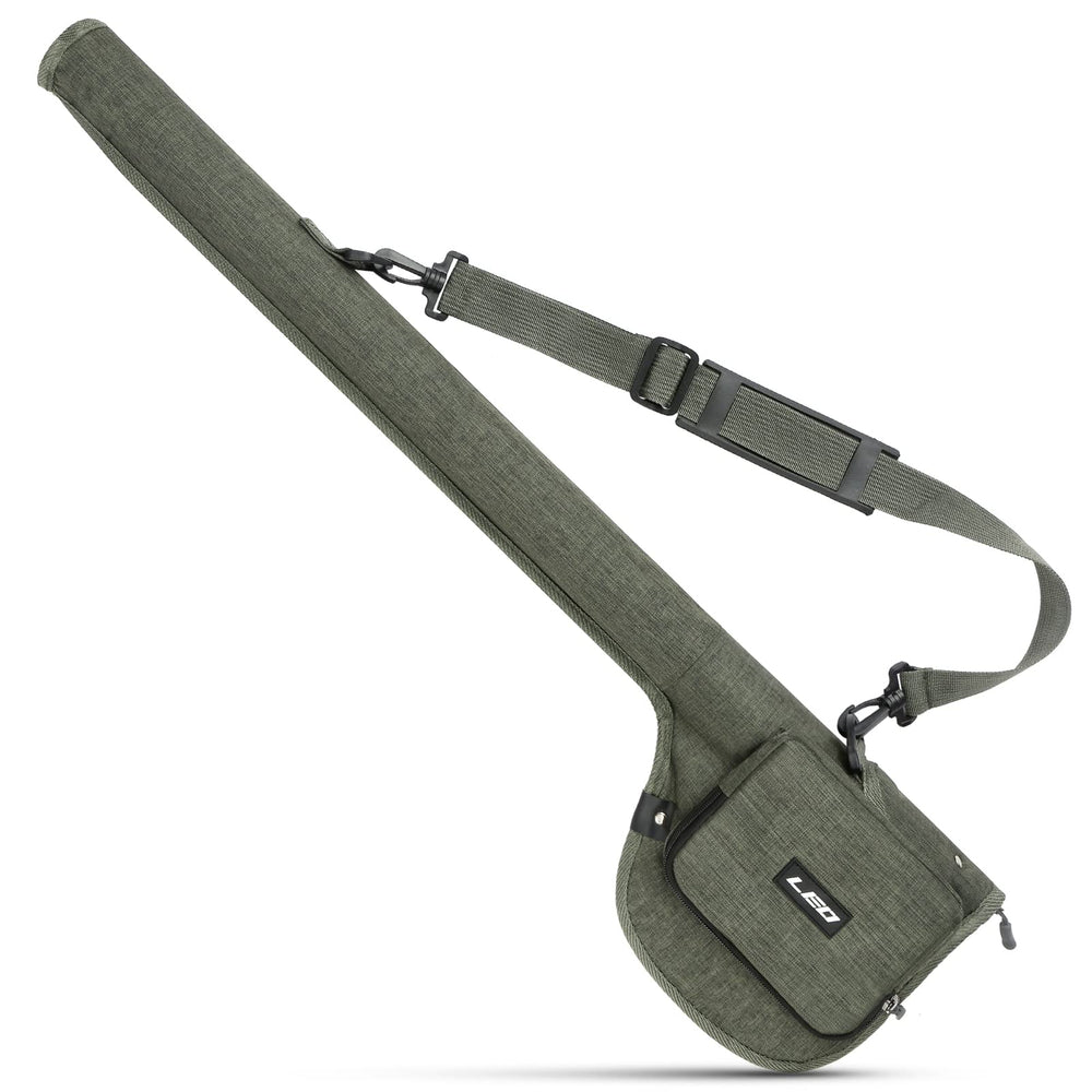 Lixada fly fishing rod case, army green outer, protects rods from rain and wear.