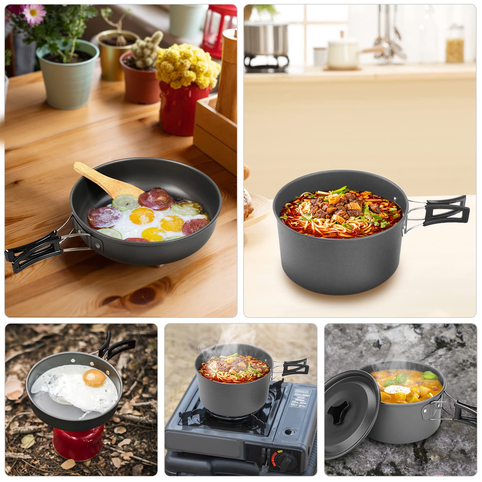 Lixada mesh bag contains pots, pan, spoons and bowls