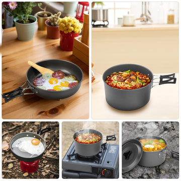 Lixada mesh bag contains pots, pan, spoons and bowls