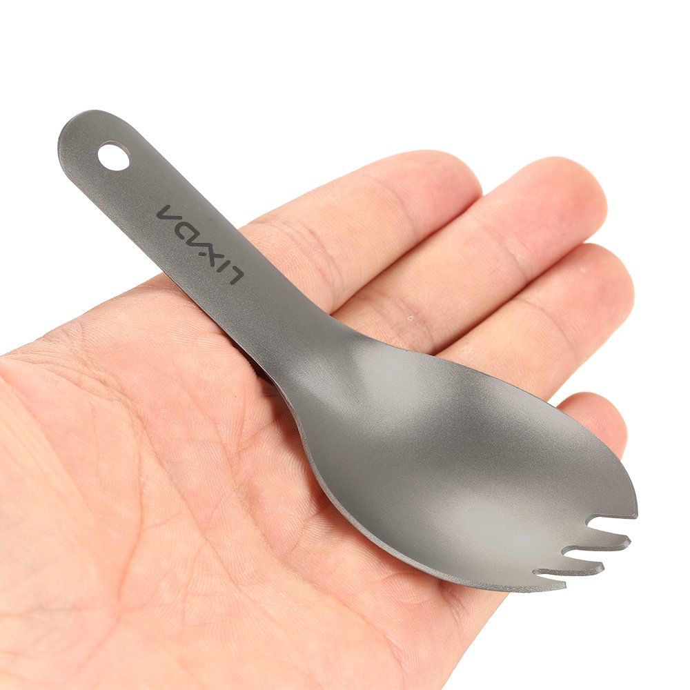 Lixada spork with lanyard hole for easy carabiner attachment during travel.