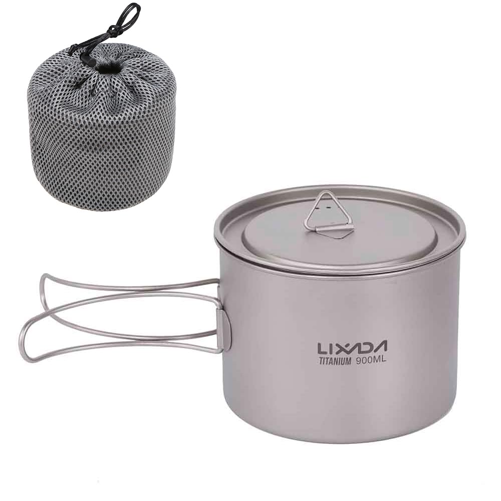 Lixada titanium camping cup 900ml shows a lightweight design for outdoor meals.