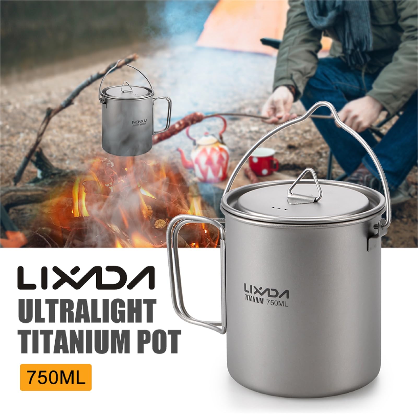 Lixada 750ml titanium pot with lid and foldable handle for easy transport