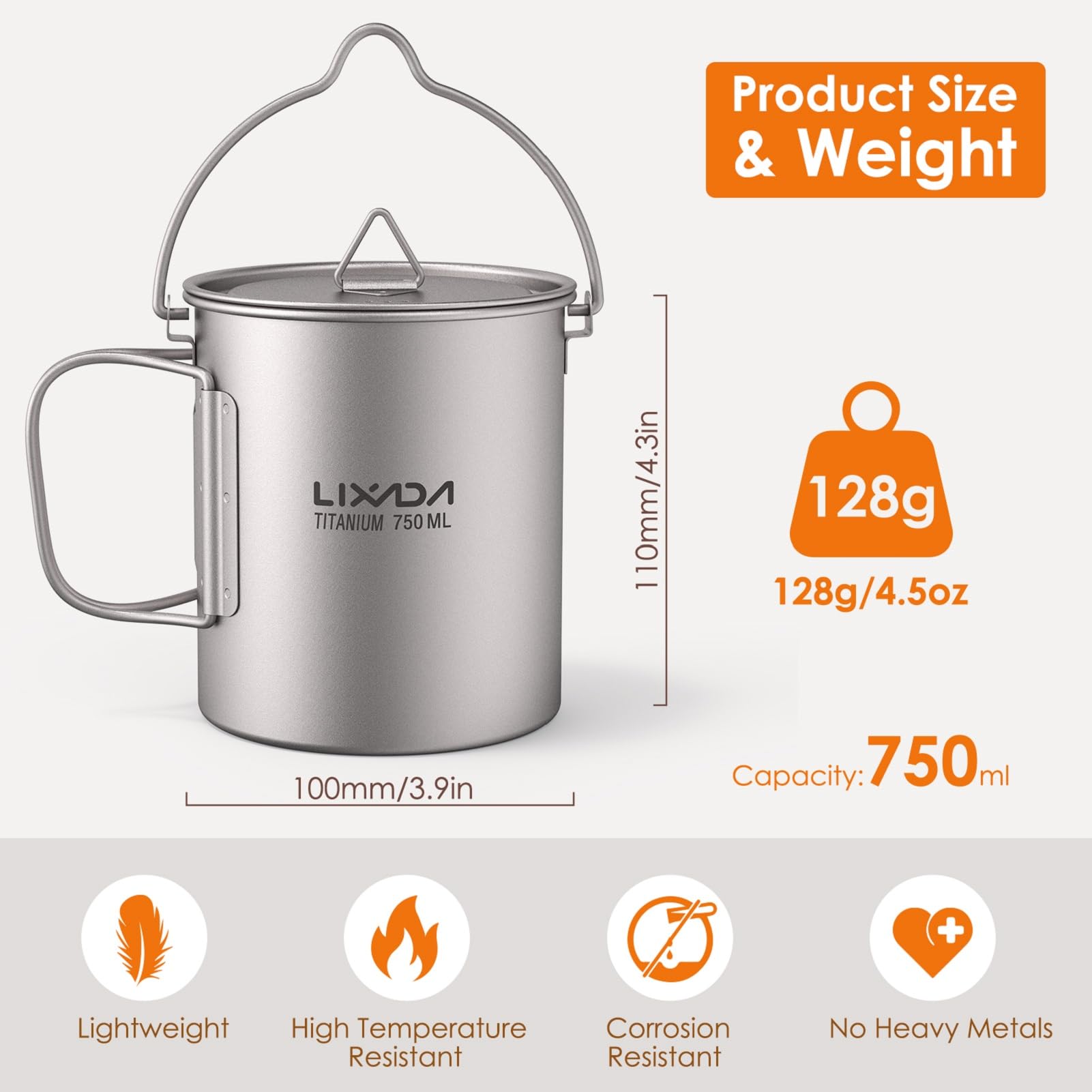 Lixada titanium pot with rounded edges for easy cleaning and quick heating