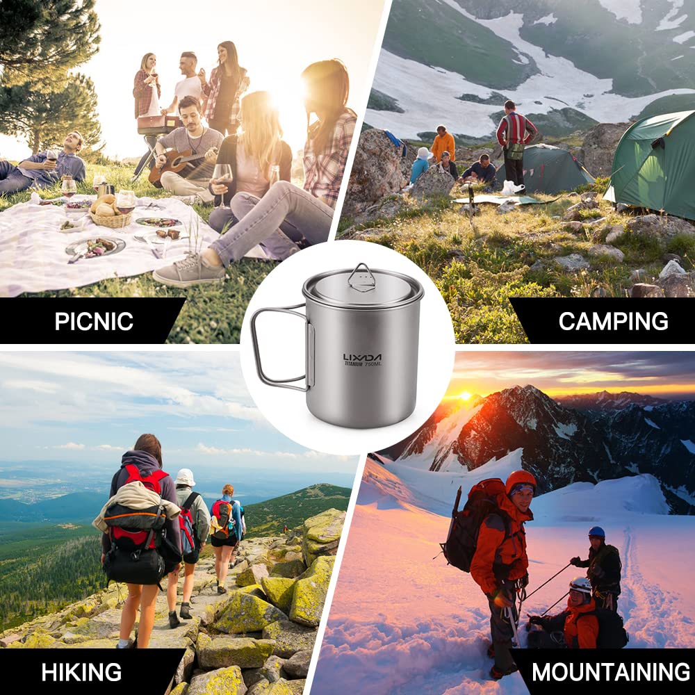 Lixada titanium pot multiuse-pot-cup illustrates cooking, tea or coffee versatility.