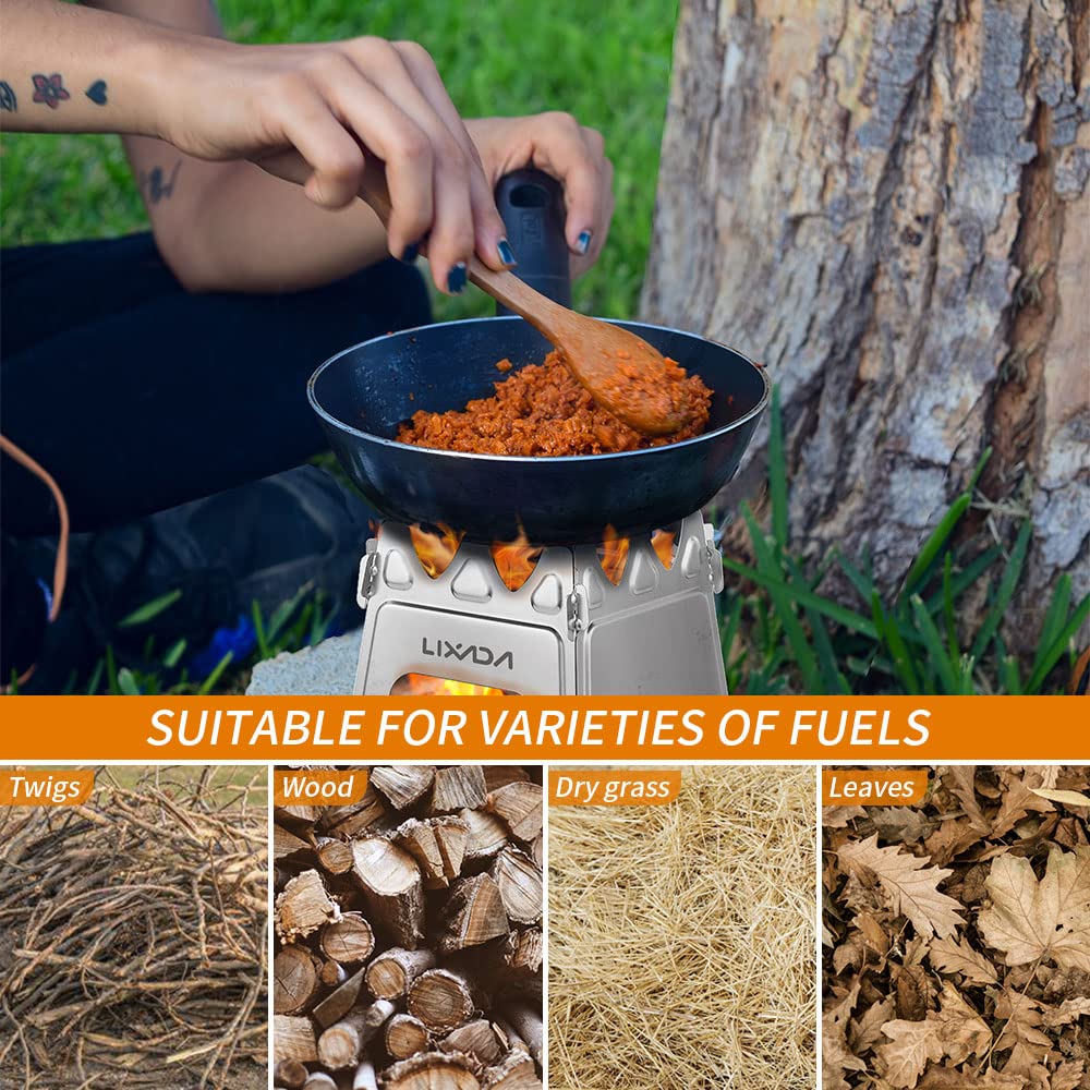 Lixada wood-burning stove shows lightweight design at 358g.