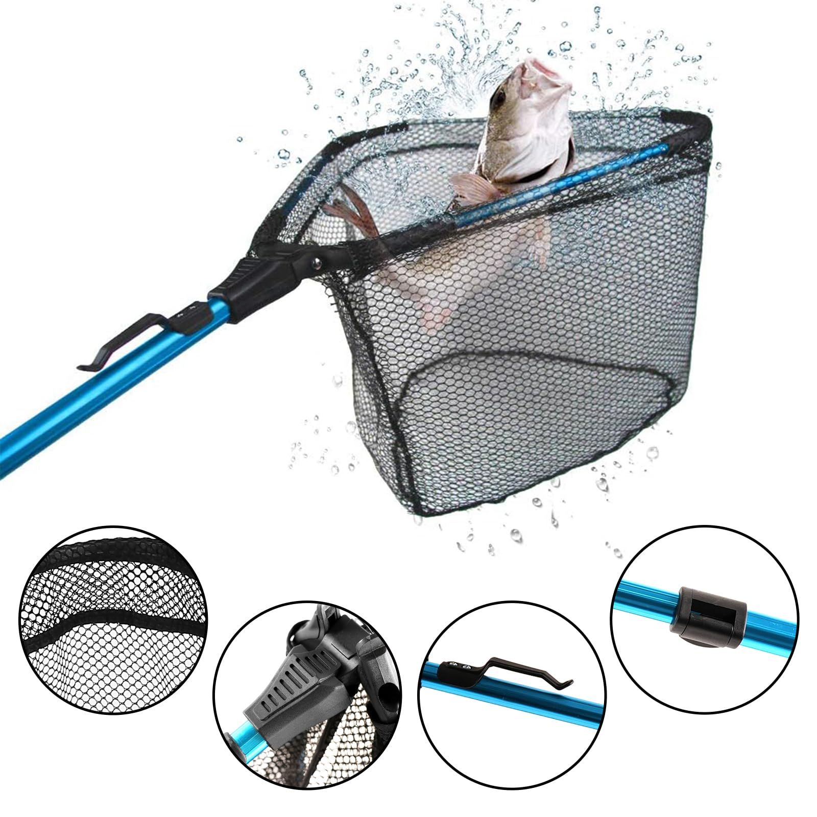 Folding fishing net with belt clip blue